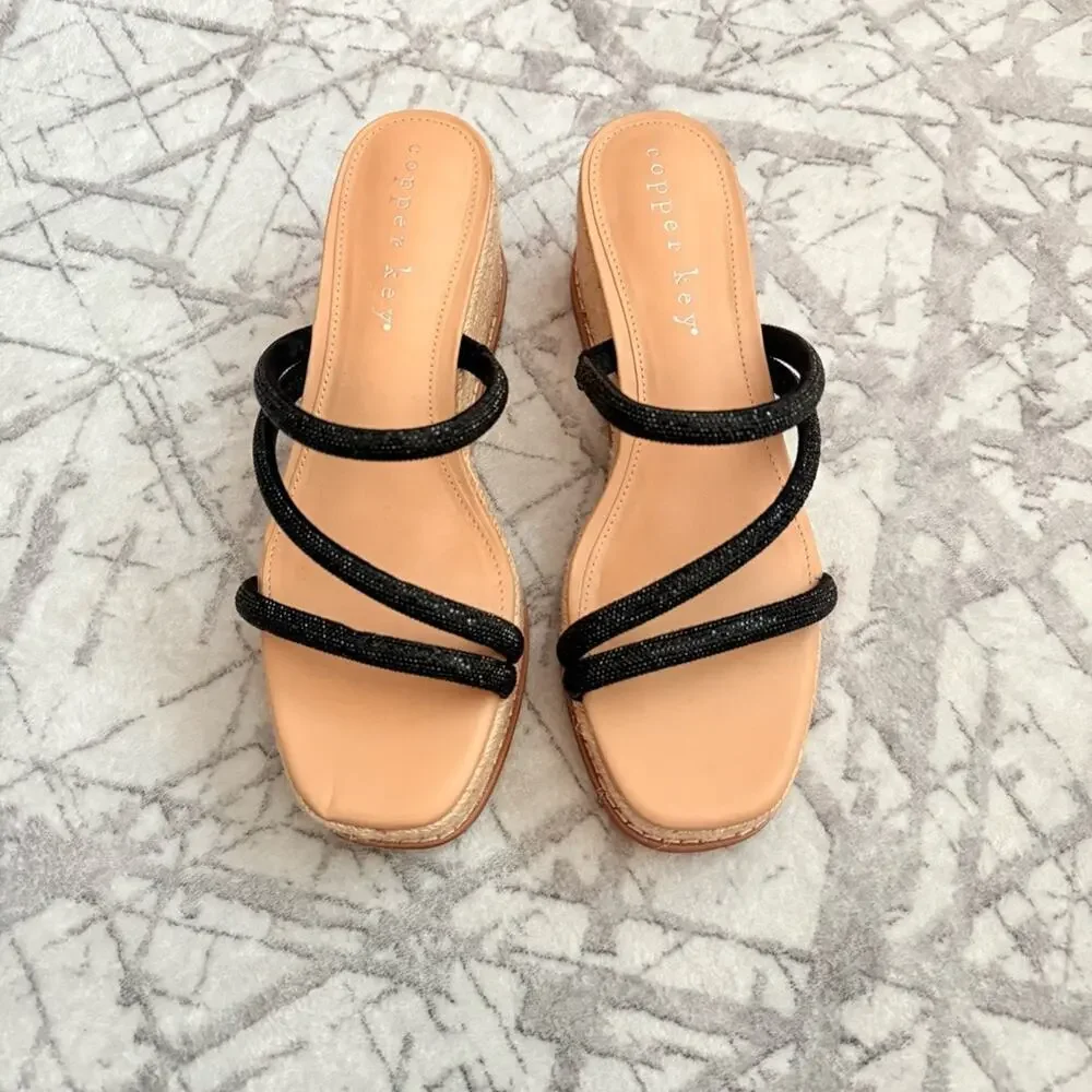 Black Espadrille Platform Wedge Sandals Rhinestone Strappy Slides 8.5 NWOB